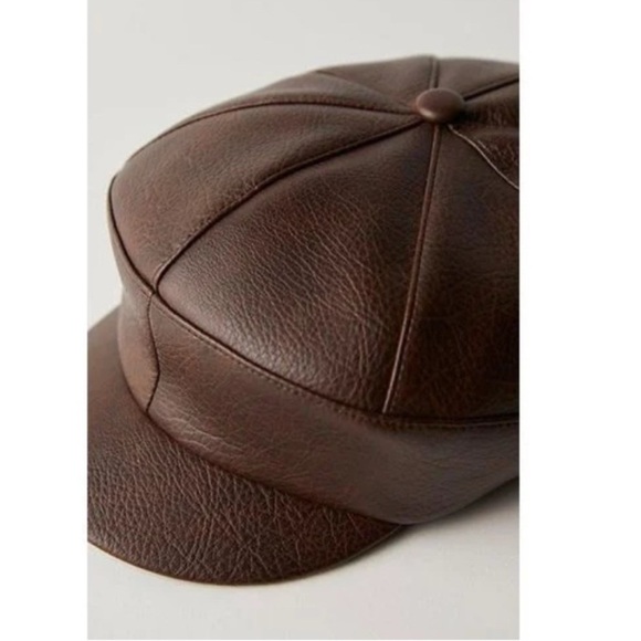 Free People Brown Carrie Distressed Lieutenant Hat New faux leather cap - Picture 6 of 11